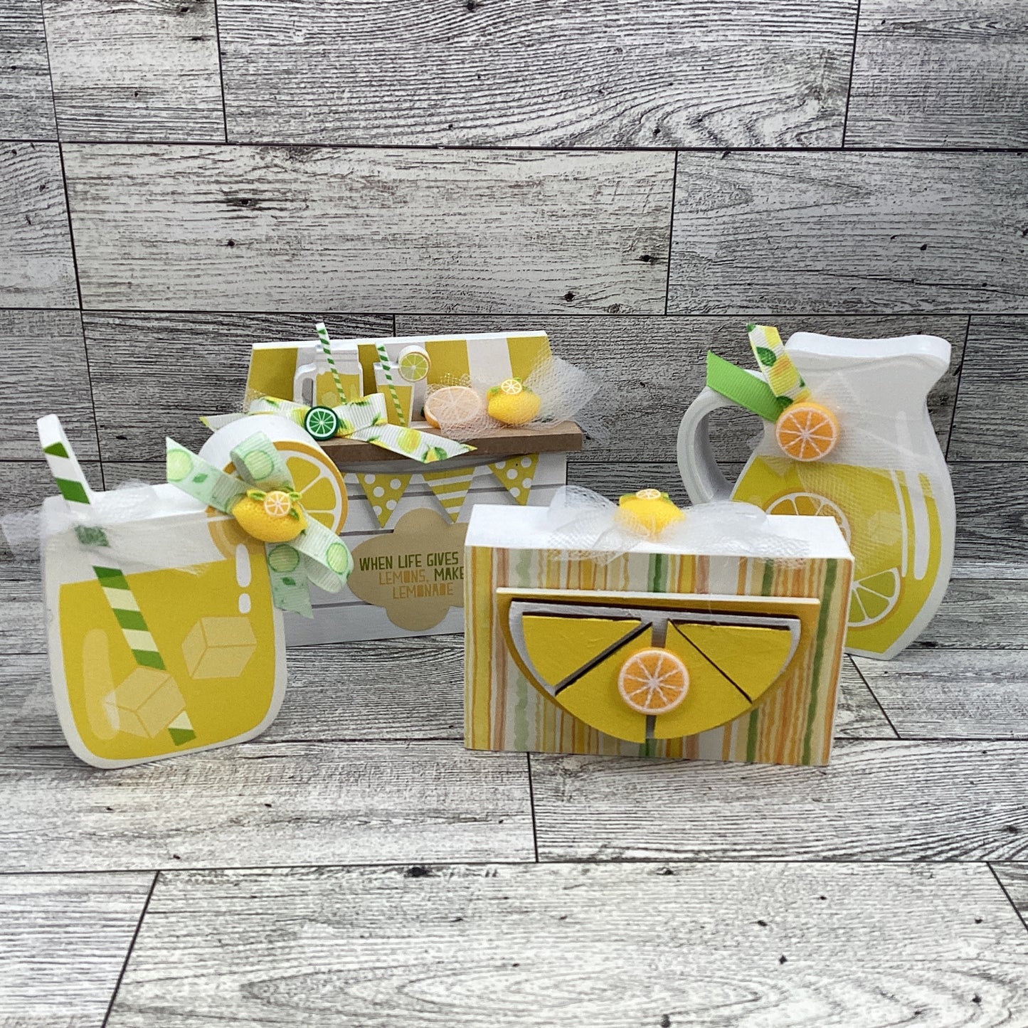 Summer Decor Lemon Lemonade Booth, Stand. Pitcher, Glass Tier Tray 4pc Set