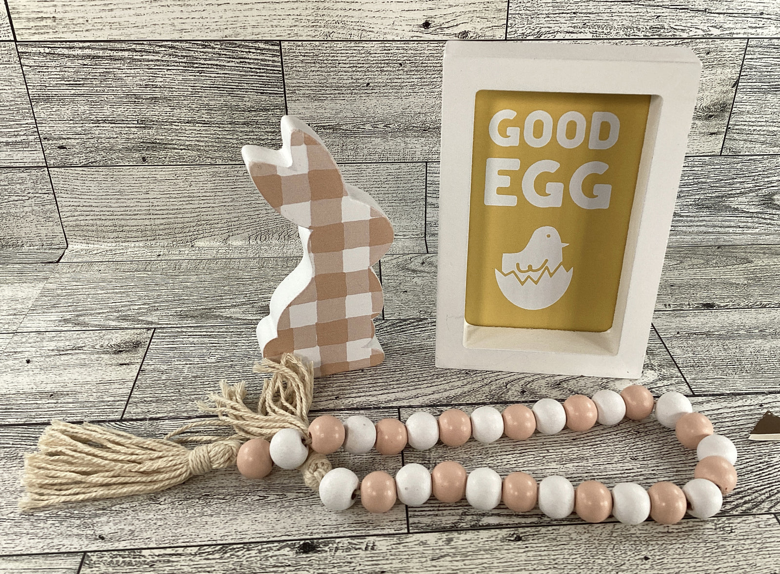 WM Easter Decor -SMALL Good Egg Plaid Bunny Sign Garland Tier Tray 3pc Set