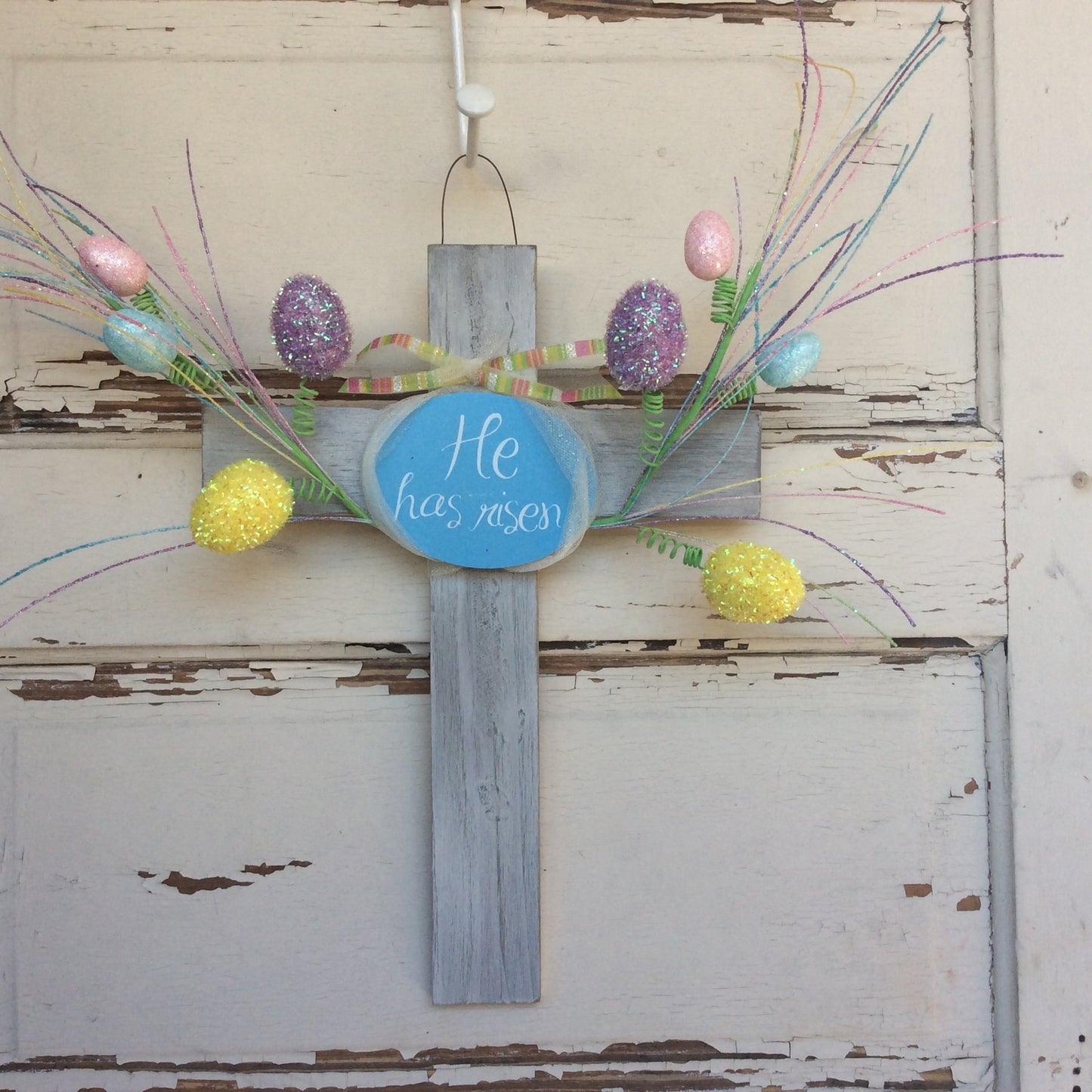 AGD Easter Decor –  He Has Risen White Wash Wood Cross