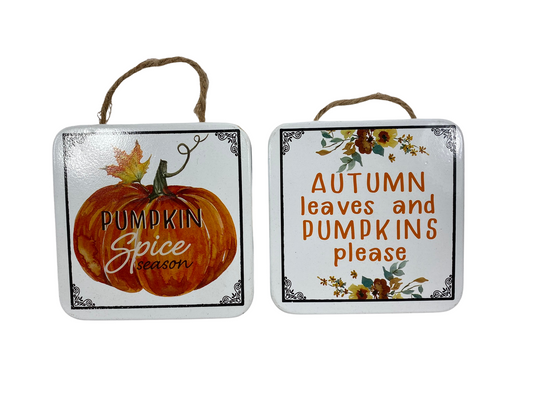 WM Fall Decor - Pumpkin Spice Autumn Leaves Small Metal Signs 2pc
