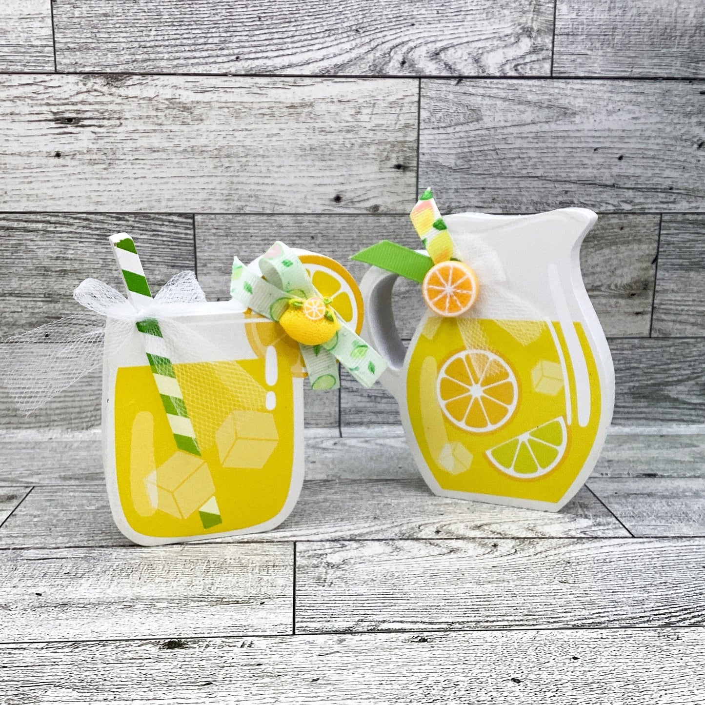 Summer Decor Lemon Lemonade Booth, Stand. Pitcher, Glass Tier Tray 4pc Set