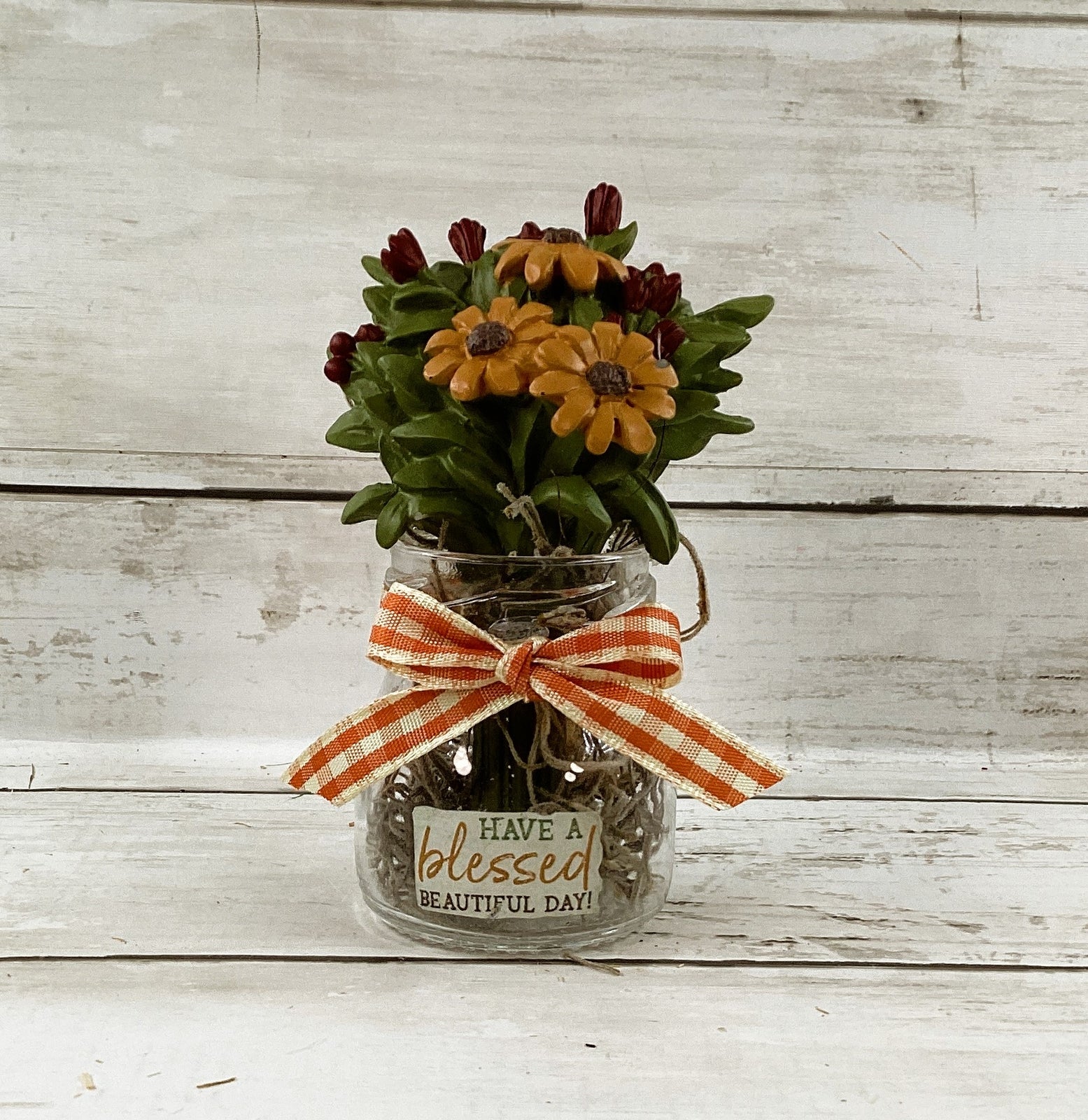 AGD  Fall Decor - Small Glass Jar Blessed Day Resin Sunflowers