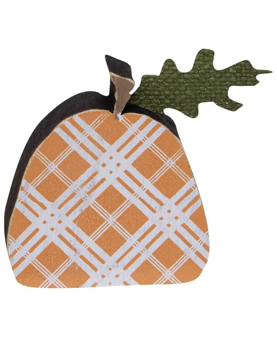 CH Fall Decor -  Small Prim Brown Orange Plaid Wood Pumpkin Sitters 2pc