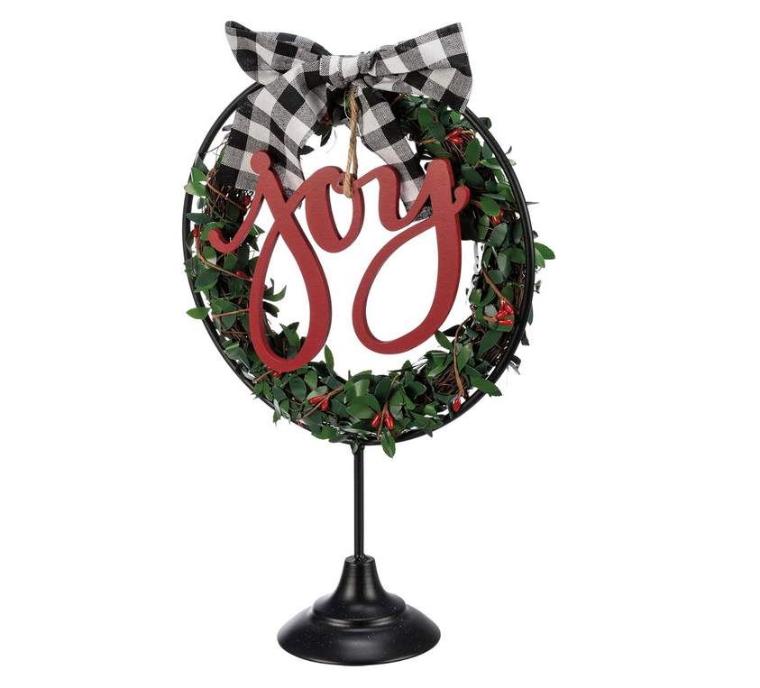 PBK Christmas Decor - Metal Tabletop Sitter JOY Wreath