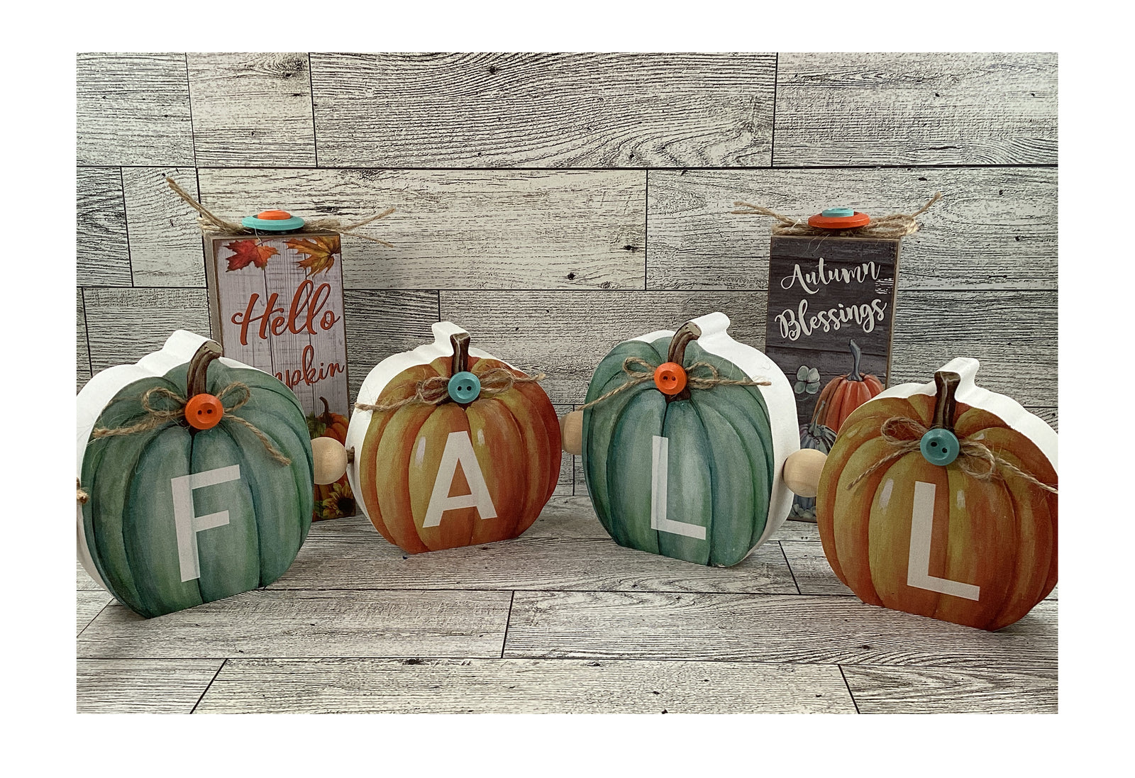 AGD Fall Decor - Chunky Wood Fall Pumpkins Hello Autumn 3pc
