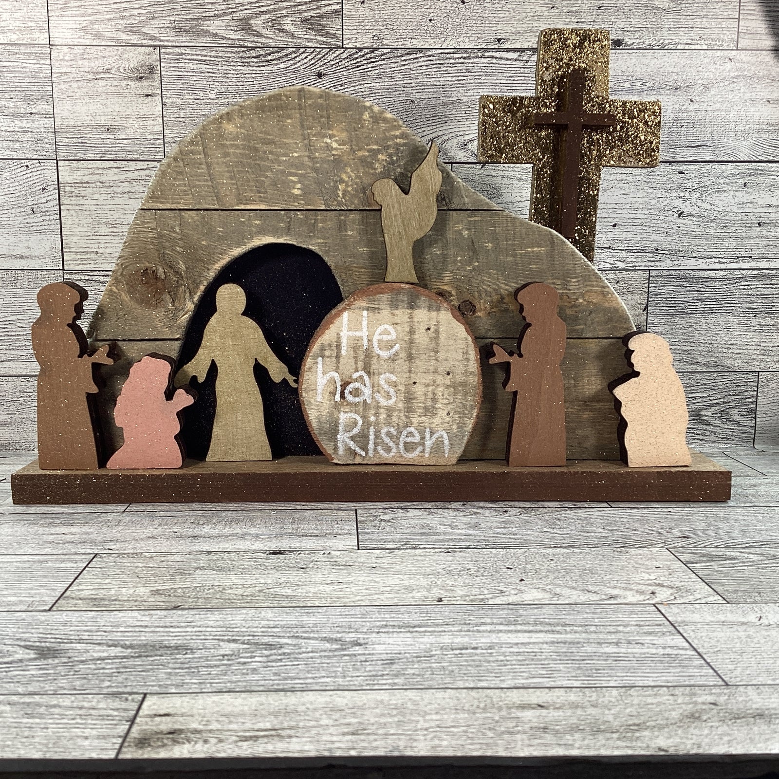 AGD Easter Decor - Jesus Wood Resurrection Tomb Cross Scene