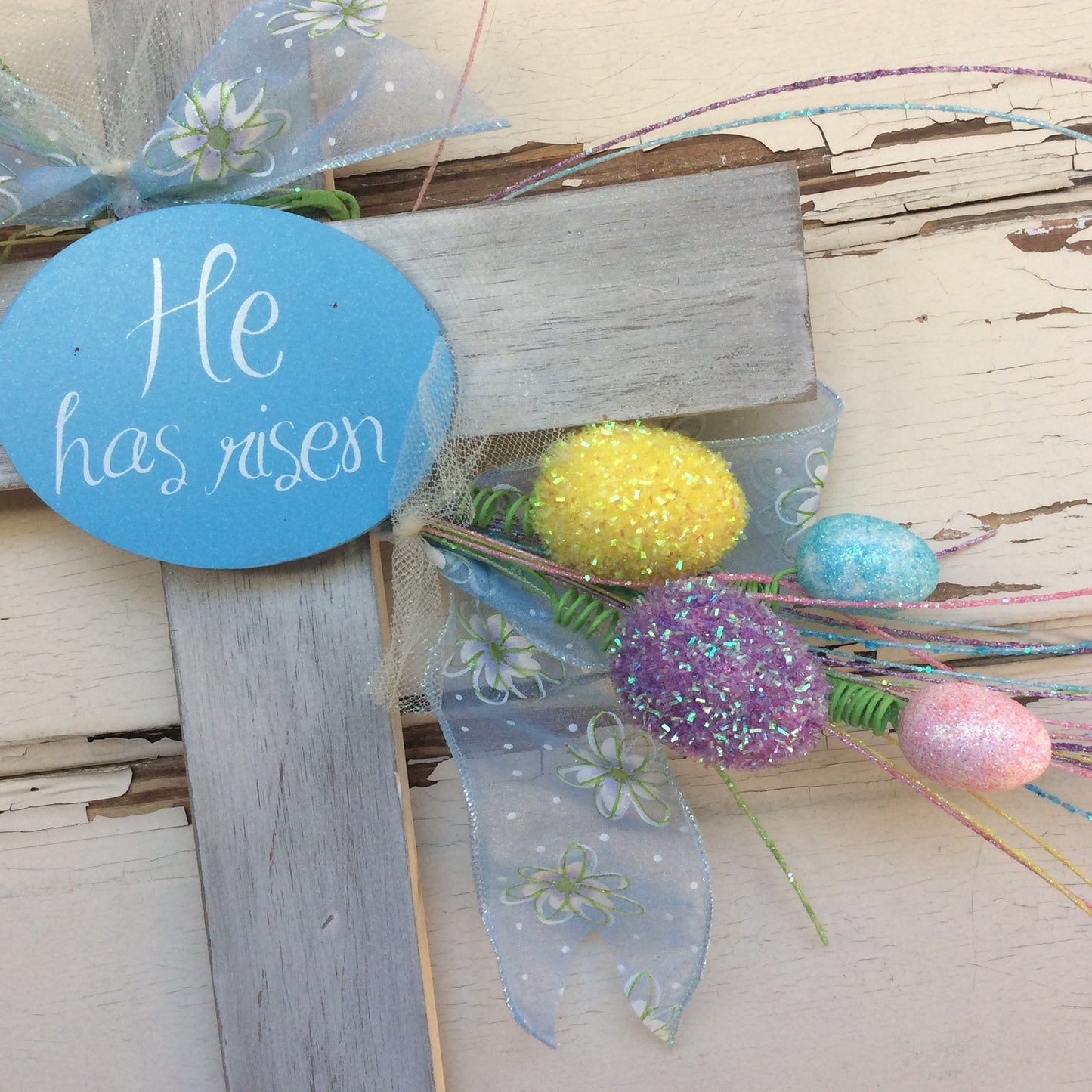 AGD Easter Decor –  He Has Risen White Wash Wood Cross