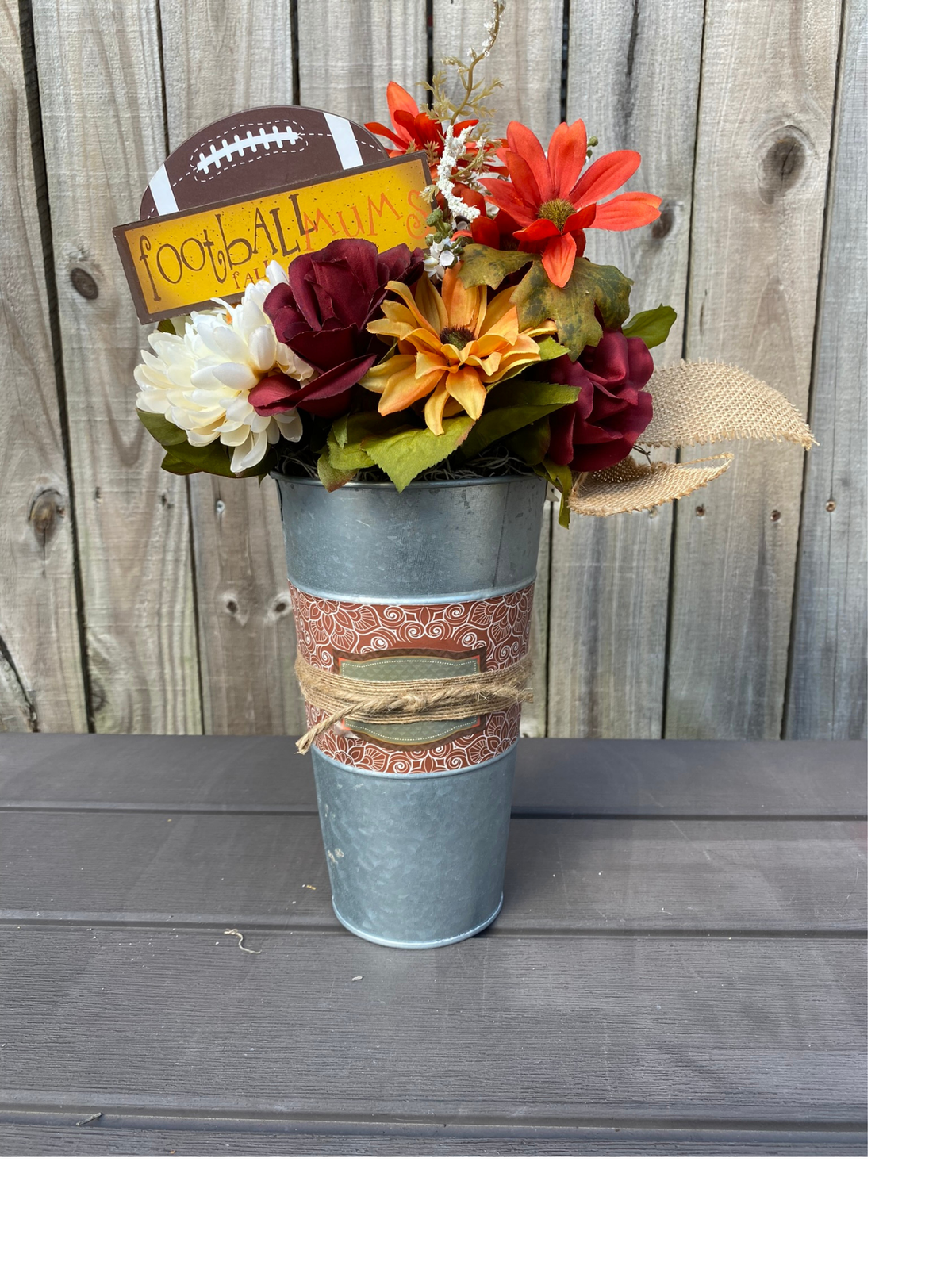 AGD Fall Decor  – Football Mums Galvanized Metal Floral Centerpiece
