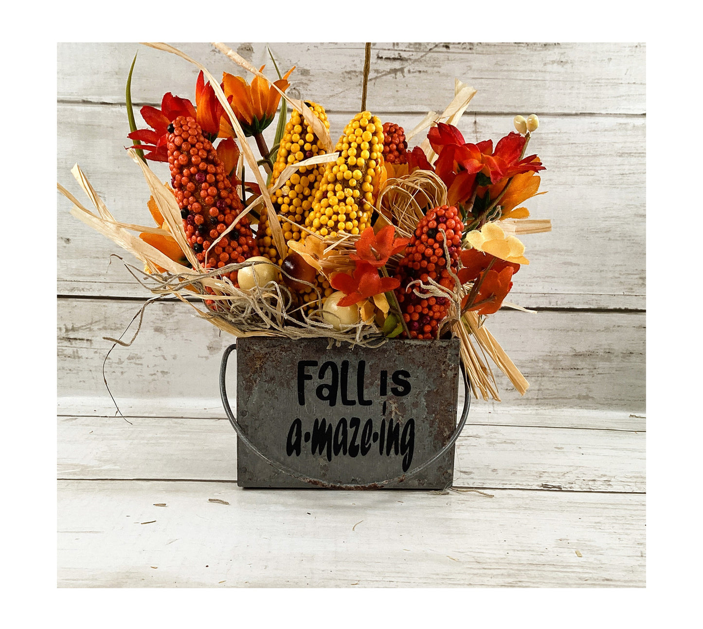 AGD Fall Decor - Fall Is Amazing Corn Galvanized Tin Crate Floral Display