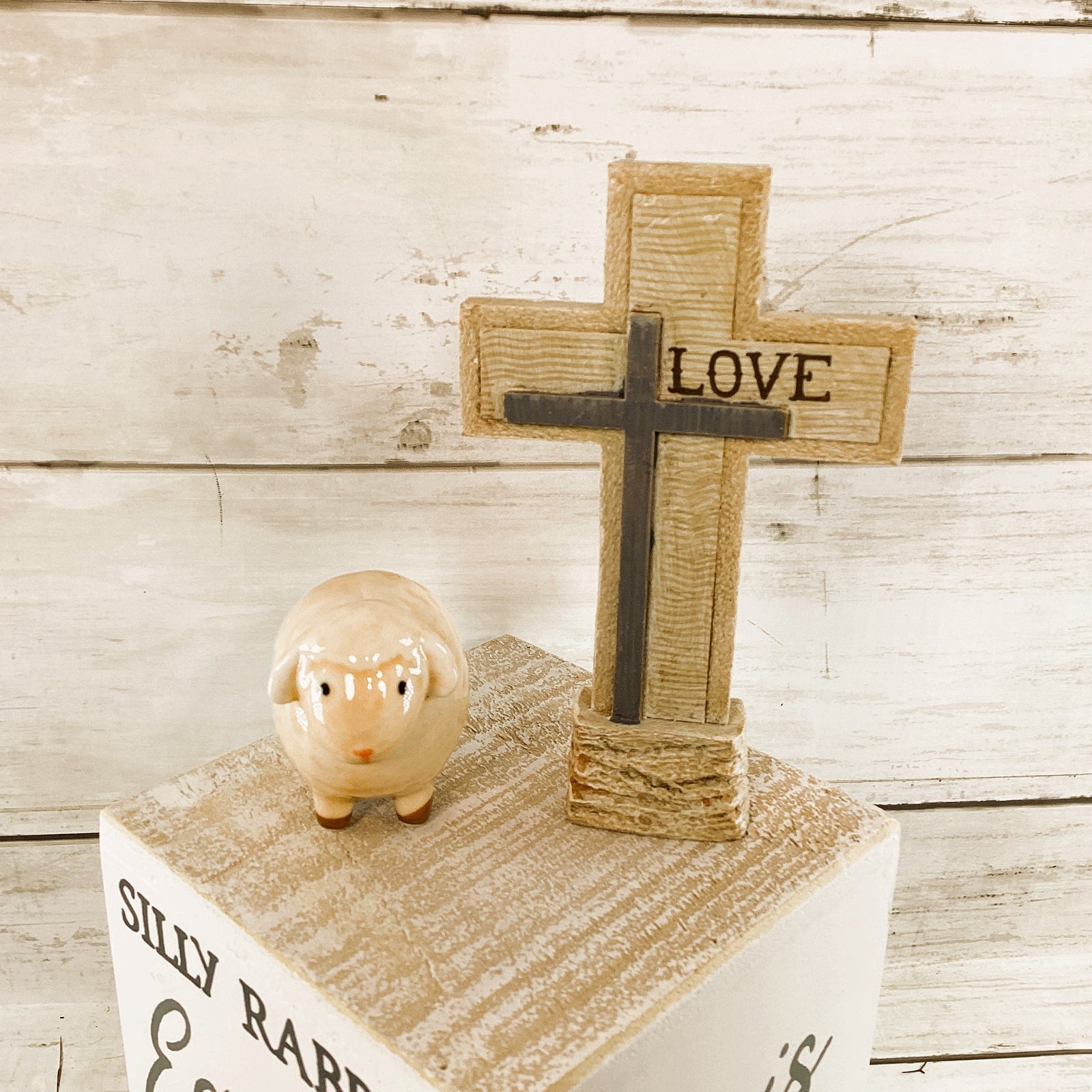 Easter Decor - Resurrection He Lives Risen Love Cross Lamb 3pc Set