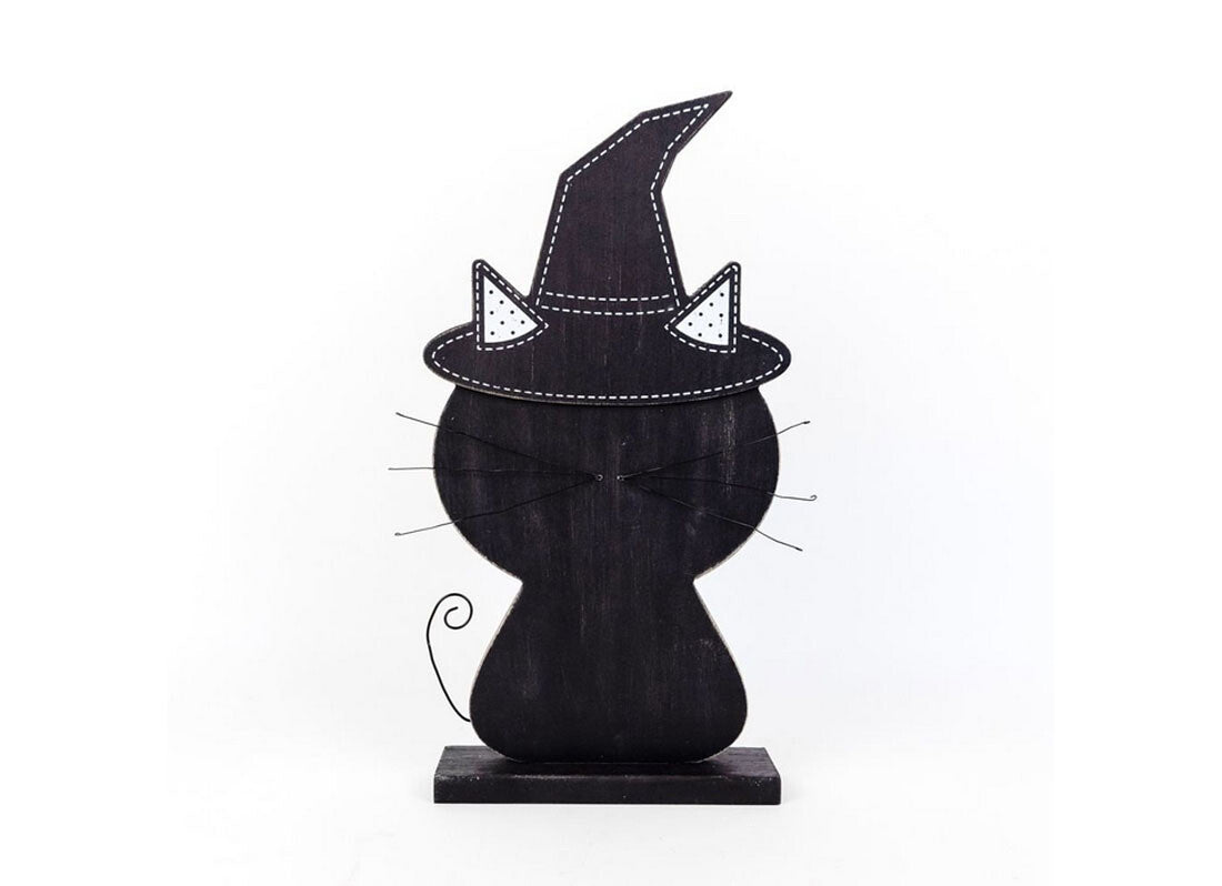 Adams & Co. Halloween Decor - Large Cute Black Cat Witch Hat Wood Sitter