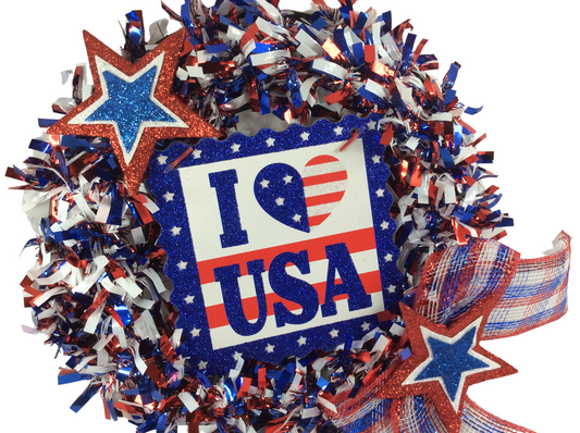 AGD Patriotic Decor -  I Love the USA Tinsel SMALL Dorm Nursing Home Wreath
