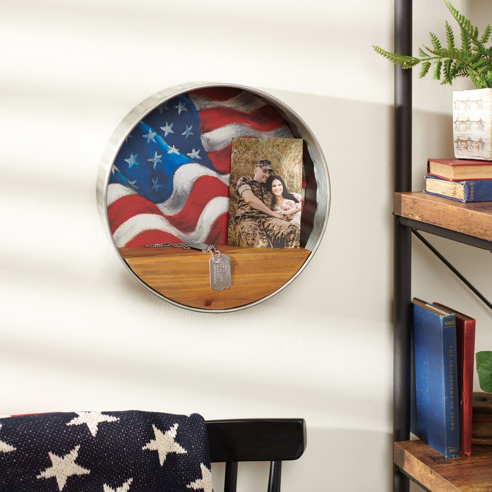 PBK Patriotic Home Decor - American Flag Metal Round Wall Shelf
