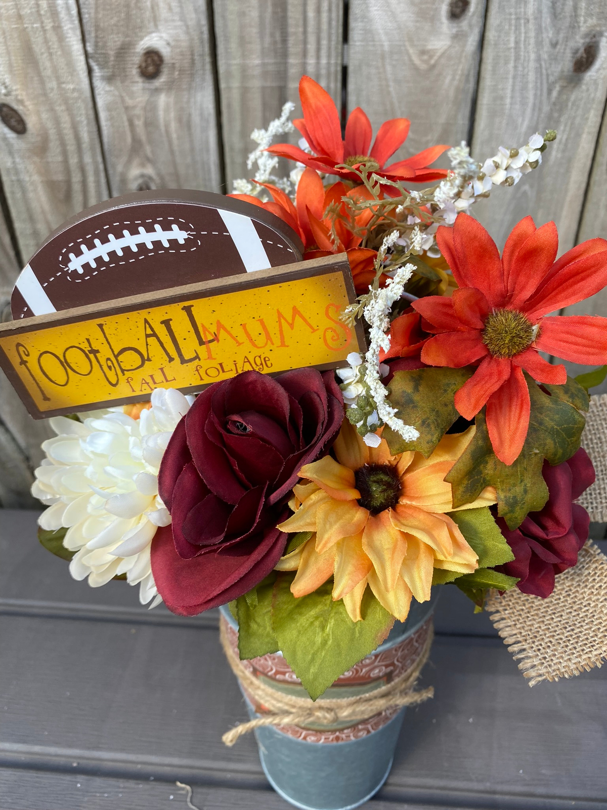 AGD Fall Decor  – Football Mums Galvanized Metal Floral Centerpiece
