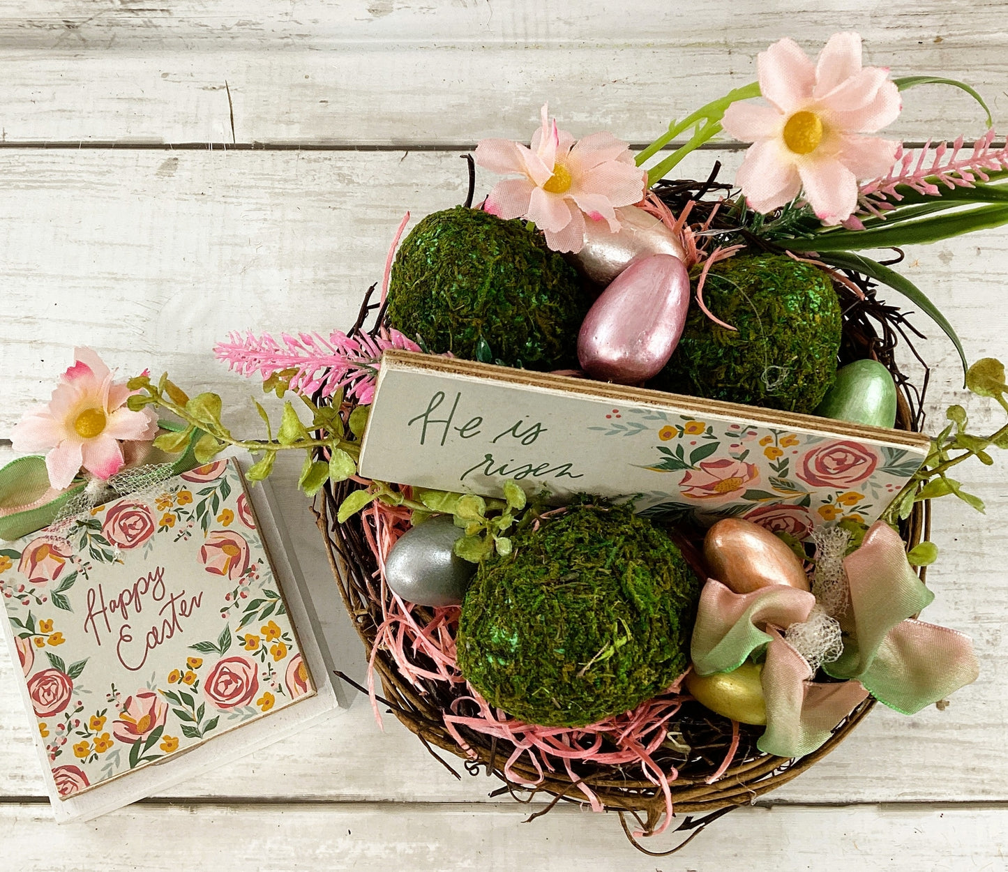 AGD Easter Decor - He Is Risen Happy Easter Floral Birds Nest Display