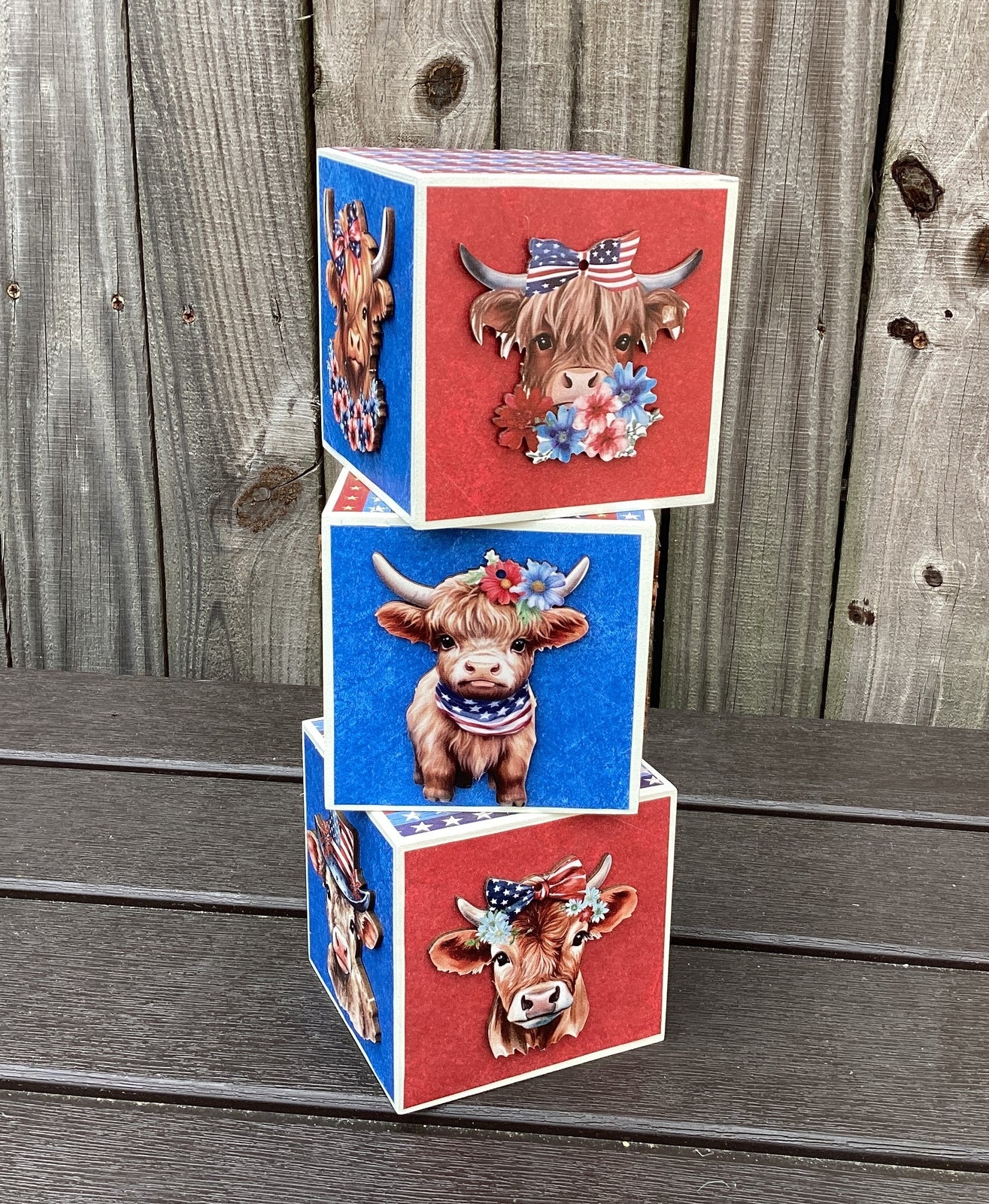 AGD Patriotic Decor - Red White Moo Highland Cow Block Signs 4pc