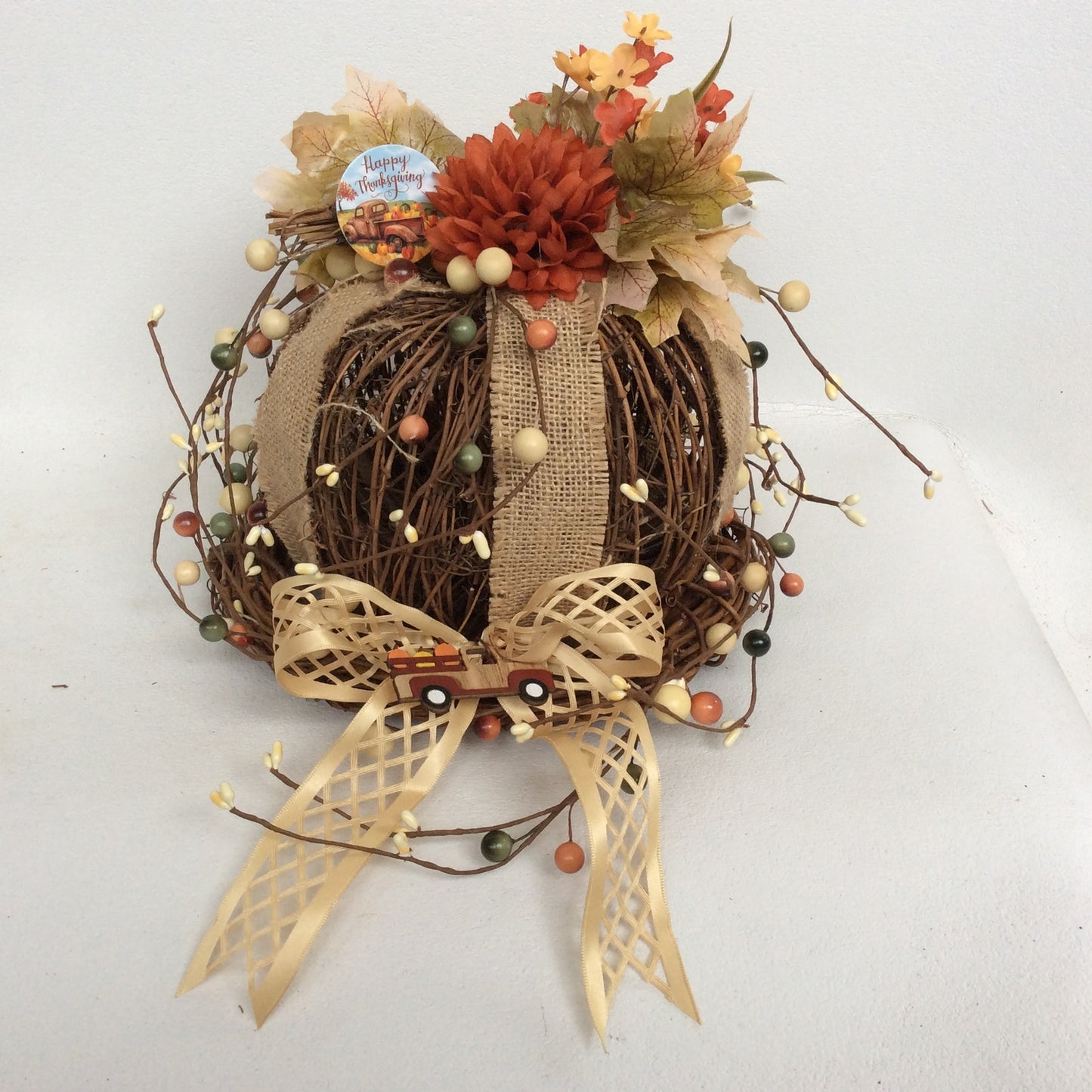 AGD Fall Decor- Happy Thanksgiving Floral Grapevine Pumpkin Display