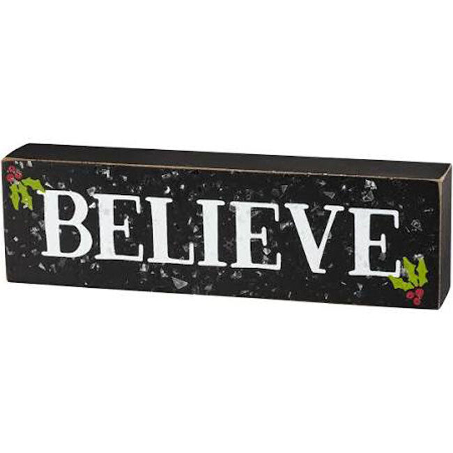 PBK Christmas Decor - Black Prim Believe Holly Leaf Wood Block