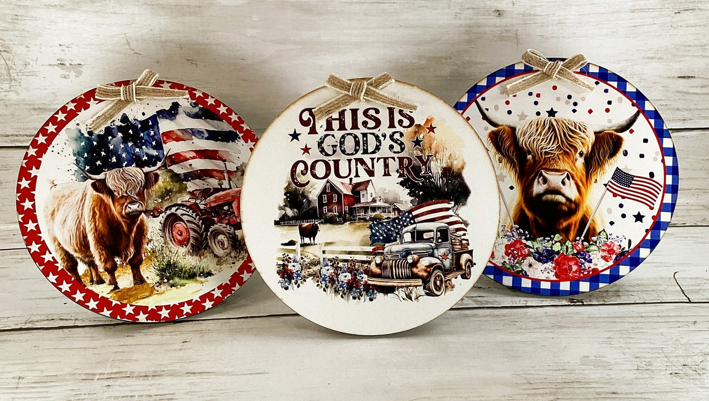 AGD Patriotic Decor - July 4th Highland Cow Farm Tractor Barn 3pc Set