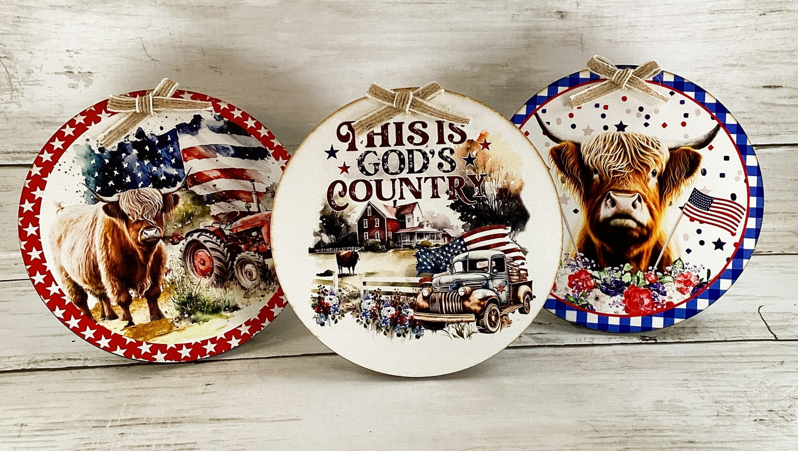 AGD Patriotic Decor - July 4th Highland Cow Farm Tractor Barn 3pc Set