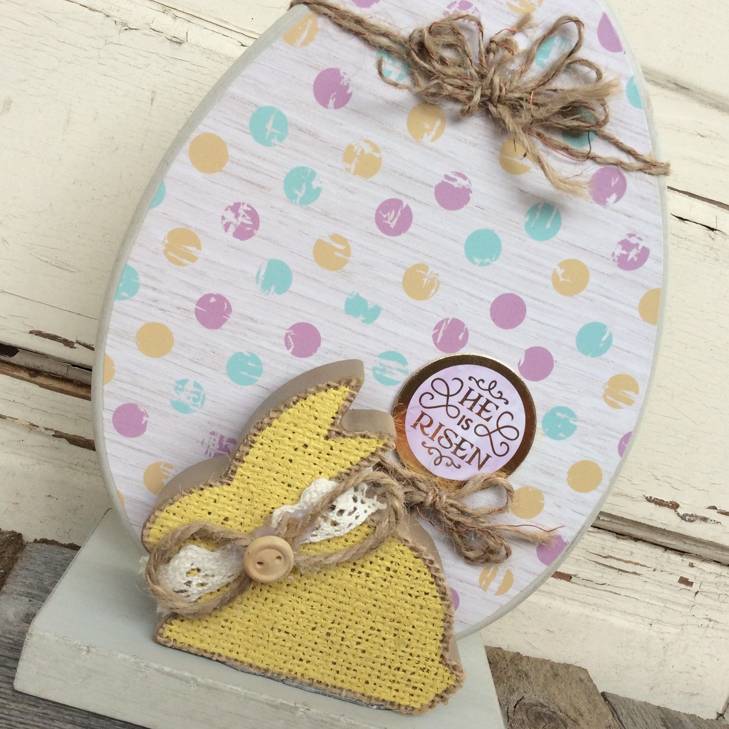 AGD Easter Decor - Gold and Burlap He Is Risen Egg and Bunny Display