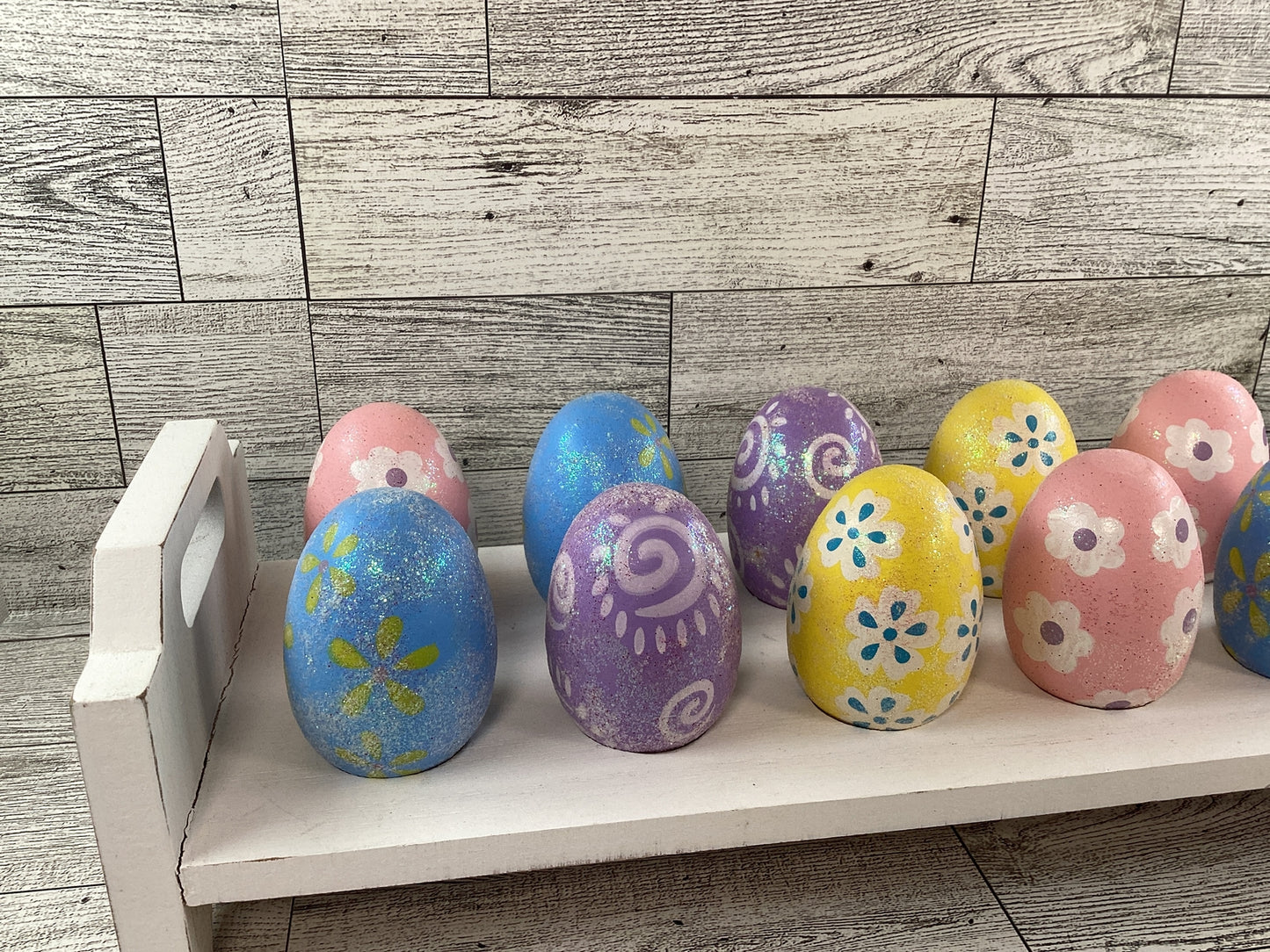 AGD Easter Decor - Spring Theme Wood Eggs with White 12-Egg Holder Stand