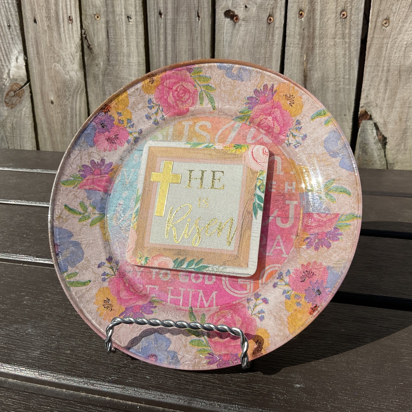 AGD Easter Decor - He Is Risen Pastel Floral Decoupage Glass Plate 7inch