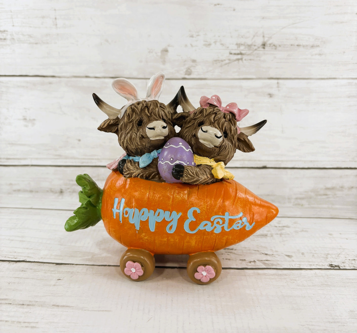 Gerson Easter Decor - Resin Highland Cows in Carrot Car Cart Figurine