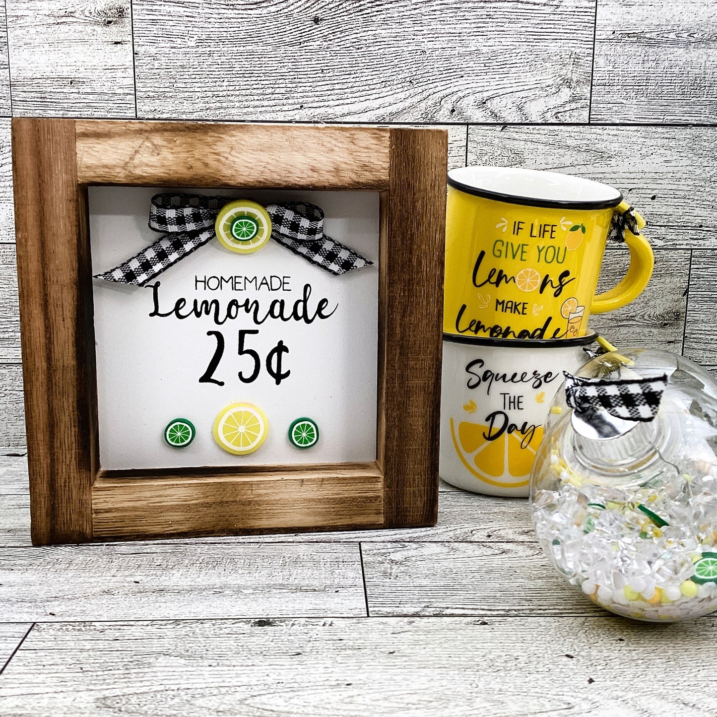 Summer Decor Lemon Mini Mug Shaker Cup, Homemade Lemonade Sign 3pc Set