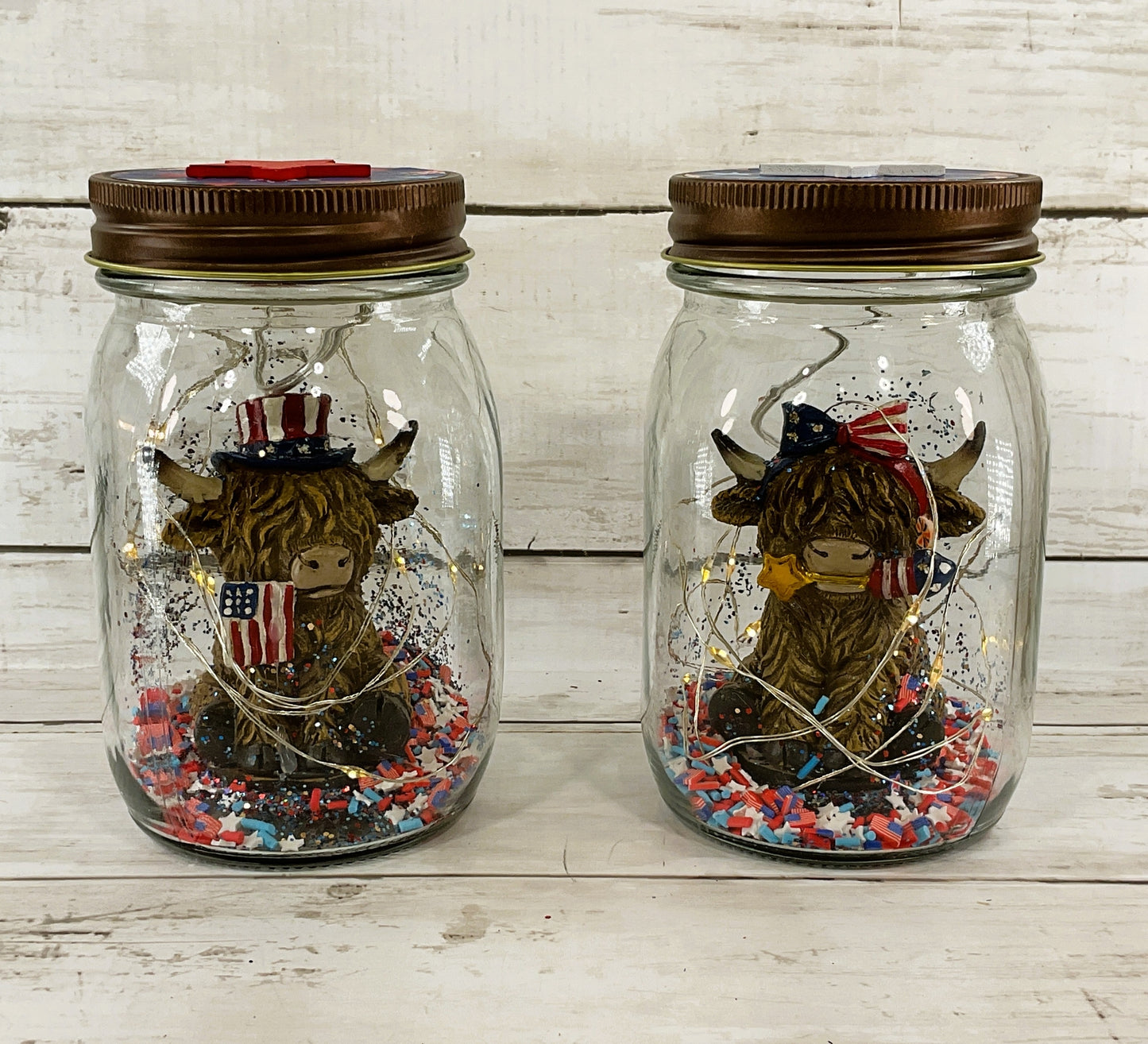 AGD Patriotic Decor - July 4th Highland Cow Lighted Mason Jars 2pc