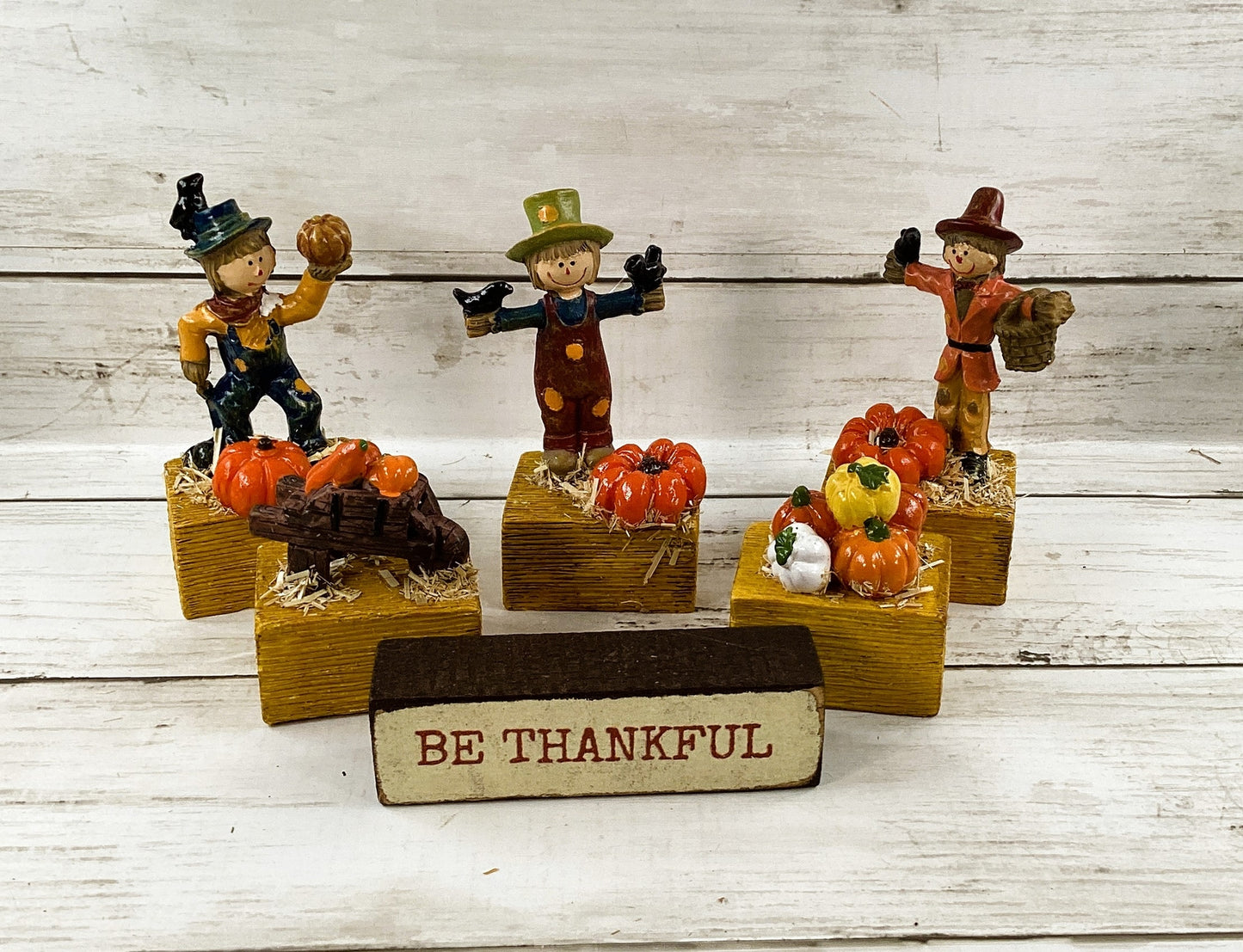 AGD Fall Decor - Resin Scarecrow Pumpkin Bale of Hay Figurine Display 6pc