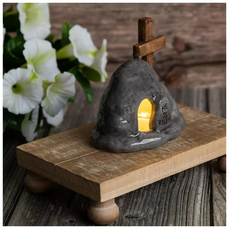 HL Easter Decor - Small He Is Risen Light-up Ceramic Tomb