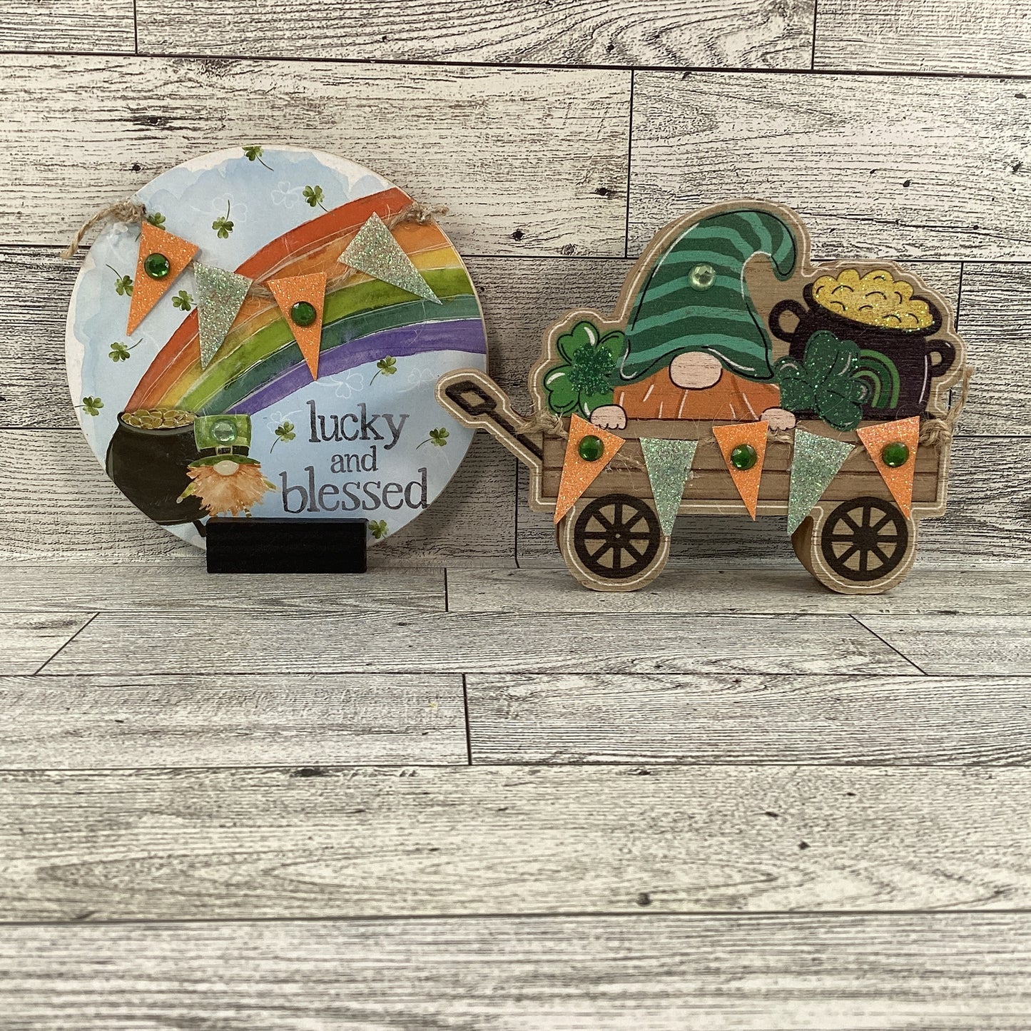 AGD St Patrick's Decor - Lucky Blessed Gnome Chunky Wagon Sign 2pc Set