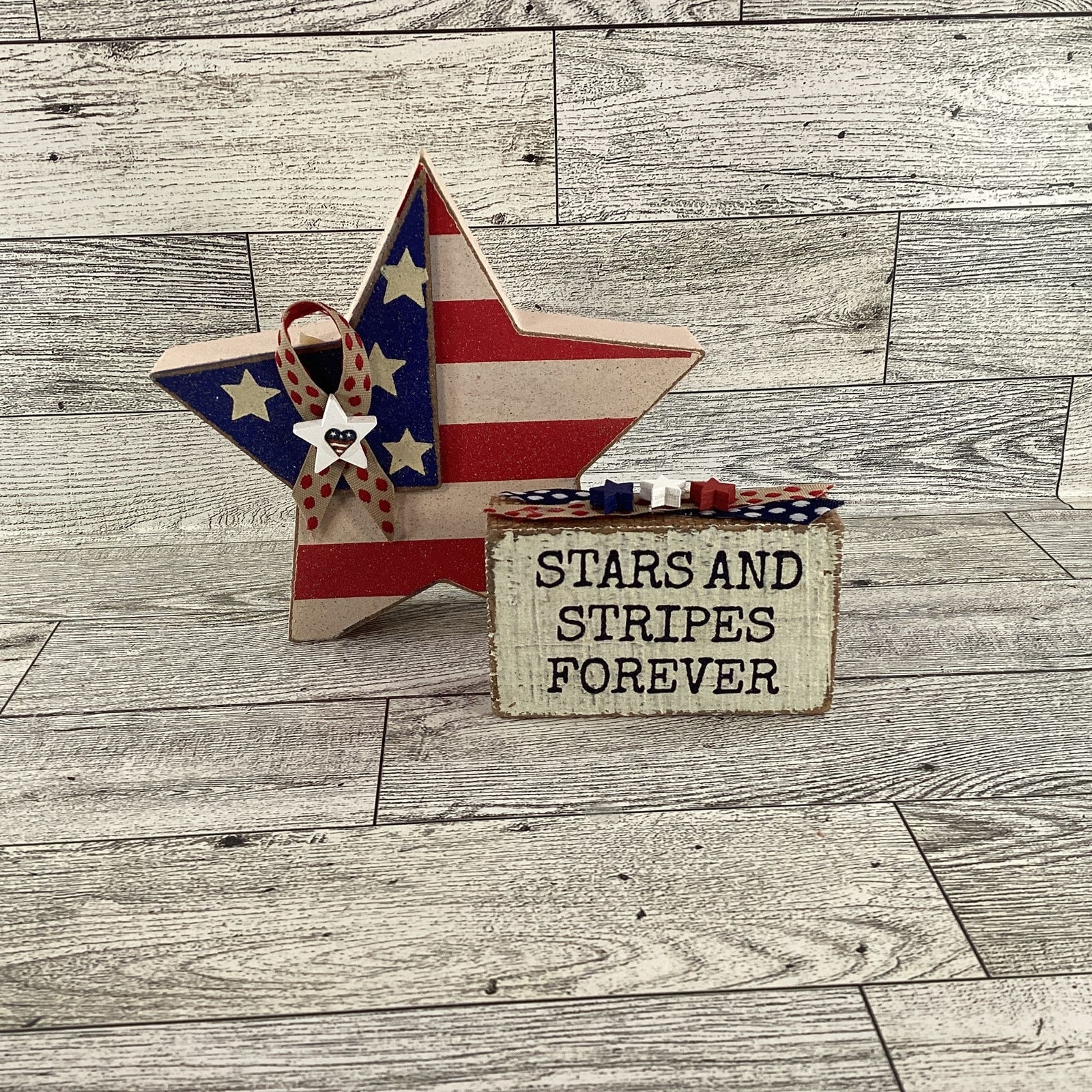AGD Patriotic Decor - Stars Stripes Block Sign Chunky Wood Star Sitters 2pc Set