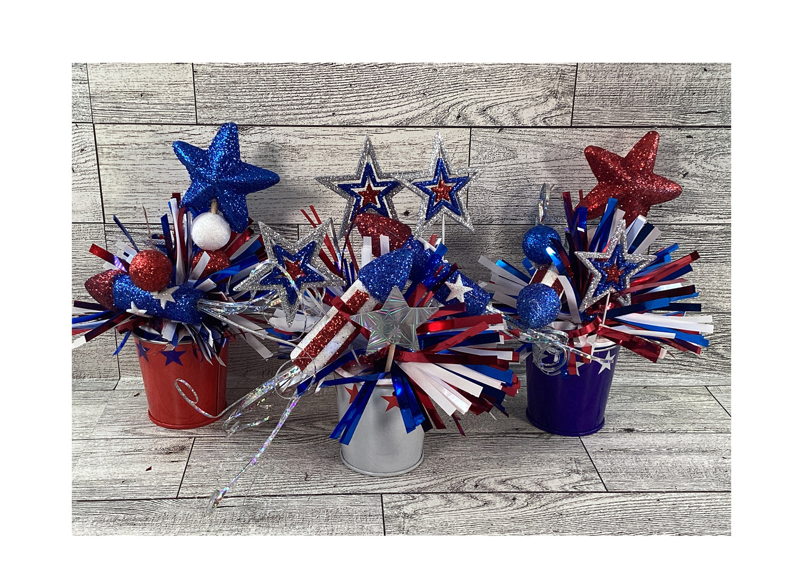 AGD Patriotic Decor - Small Firecrackers Filled Metal Bucket 3pc Set