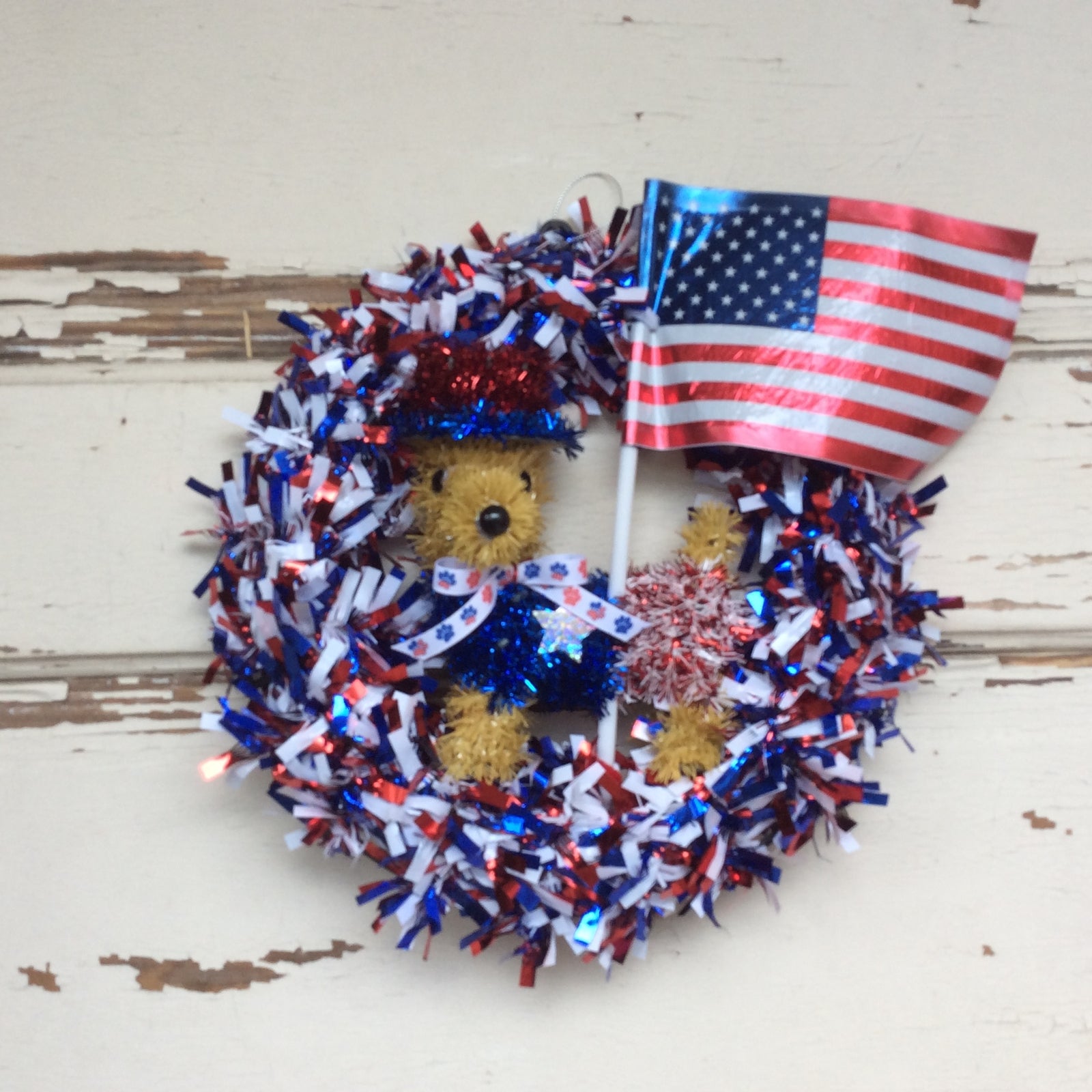 AGD Patriotic Decor - Tinsel Dog with American Flag 12inch SMALL Wreath