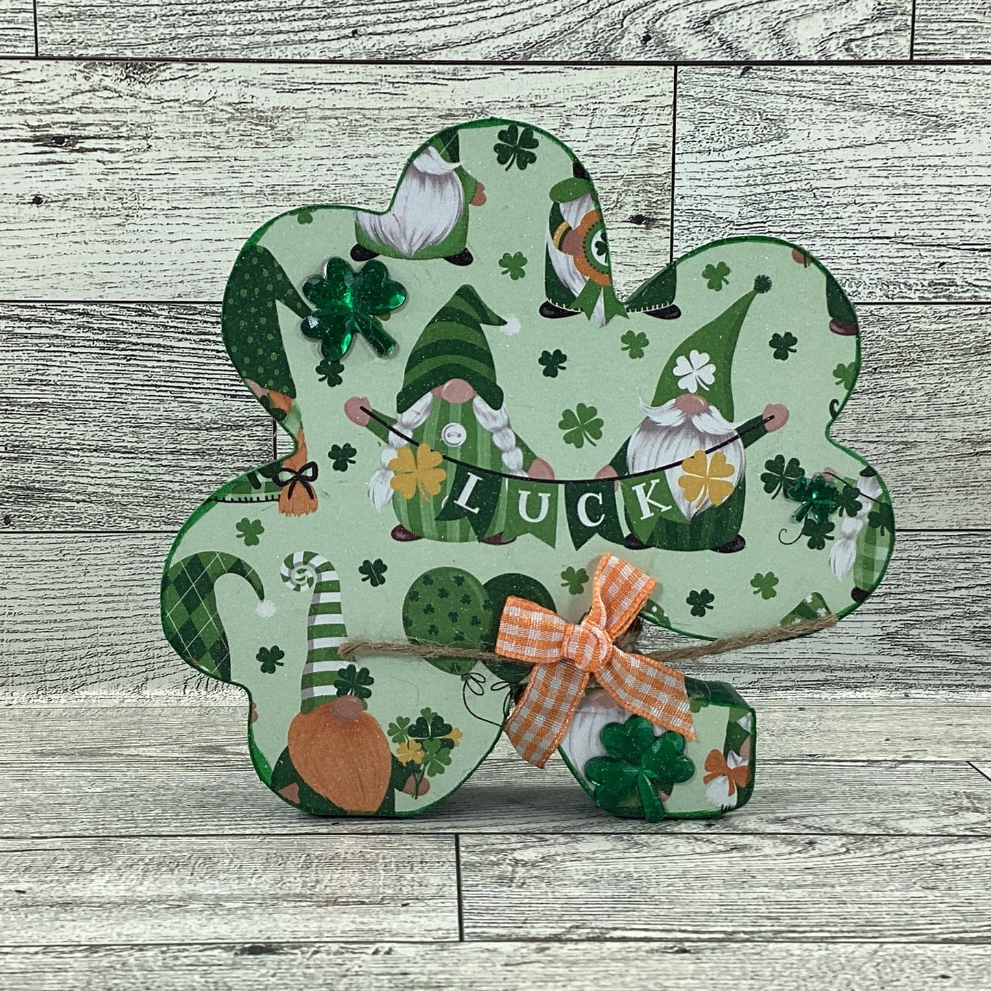 AGD Saint Patrick Decor - Irish Gnome Chunky Wood Shamrock Sitter