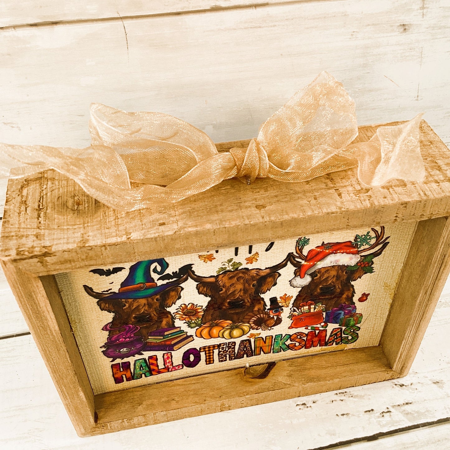 AGD Fall Decor - Highland Scottish Cow Happy Hallothankmas Seasonal Box Sign