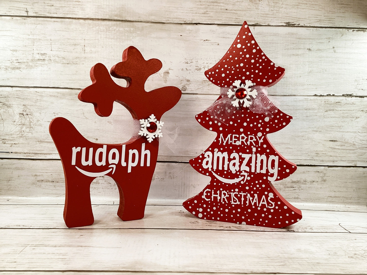 AGD Christmas Decor -  Red White Amazing Tree Rudolph Reindeer 2pc