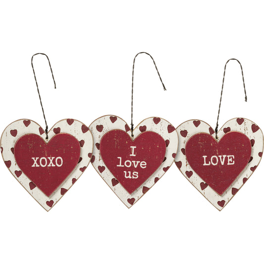 PBK Valentines Decor - Love Us XOXO Prim Wood Heart Ornament 3pc