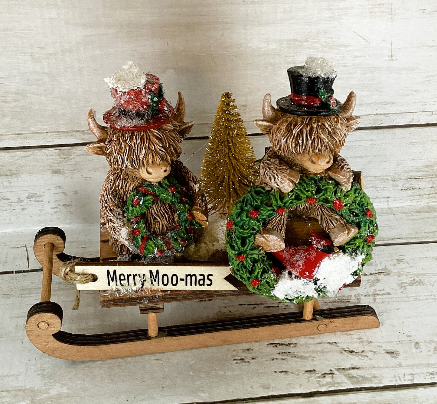 AGD Christmas Decor - Merry Moo-mas Highland Scottish Cow Sled Decor