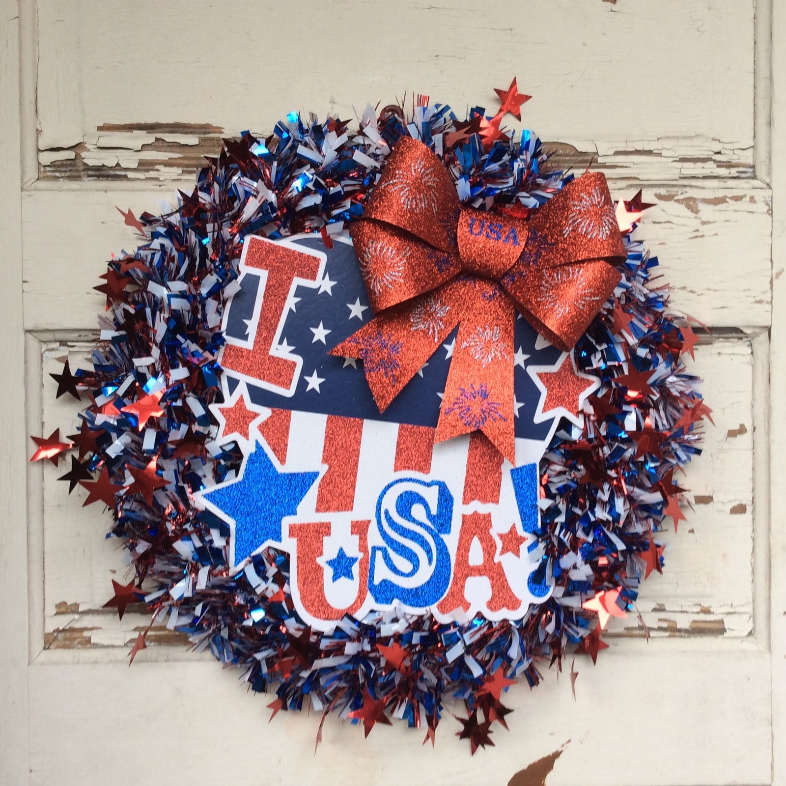AGD Patriotic Decor - I HEART (Love) USA Tinsel Wreath