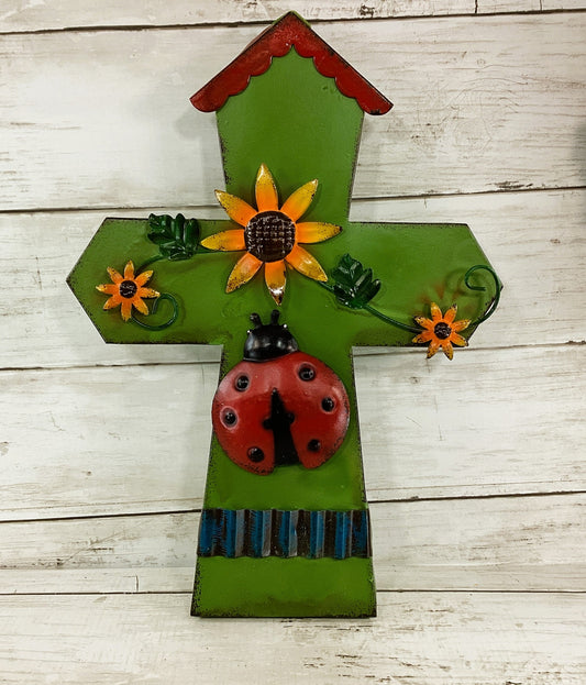 SPI Spring Summer Decor - Lady Bug Sunflower Metal House Cross Sign