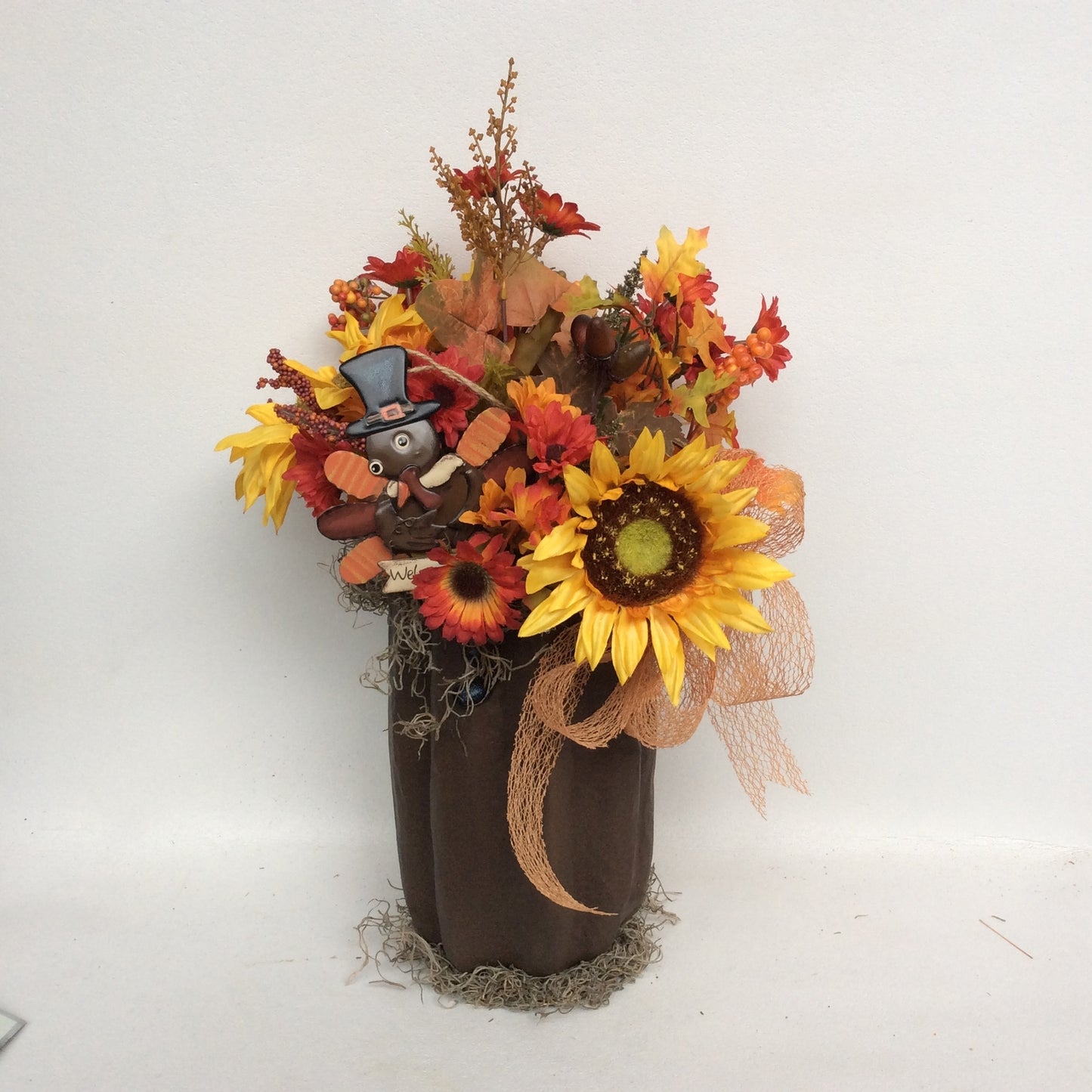 AGD Fall Decor - Football Turkey Pumpkin Filled Artificial Floral Display