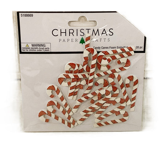 HL Christmas Craft Supply - Red white Foam Glitter Candy Canes Stickers 20pc