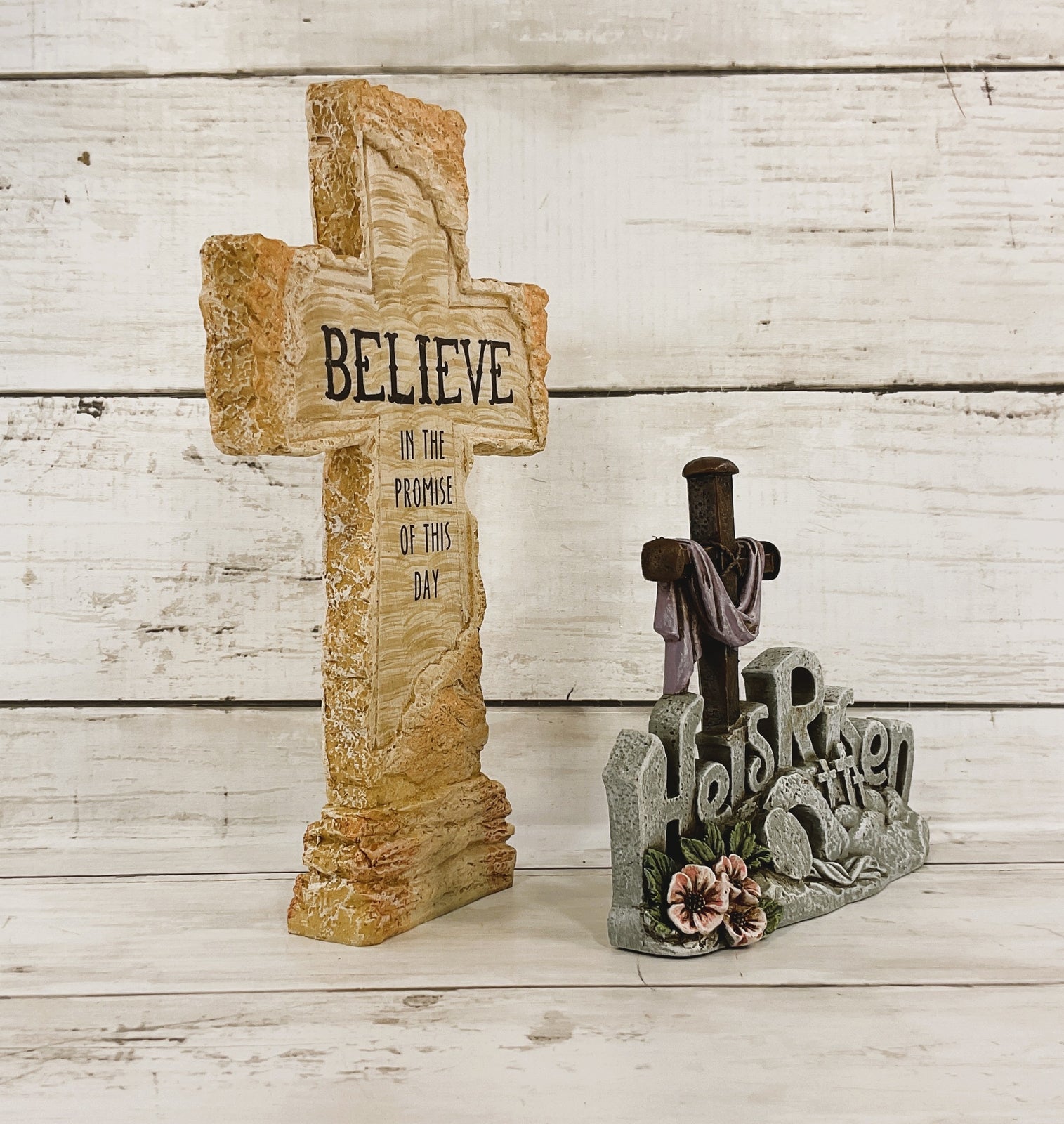 HL Easter Decor - Believe Resin Cross He Is Risen Figurine 2pc