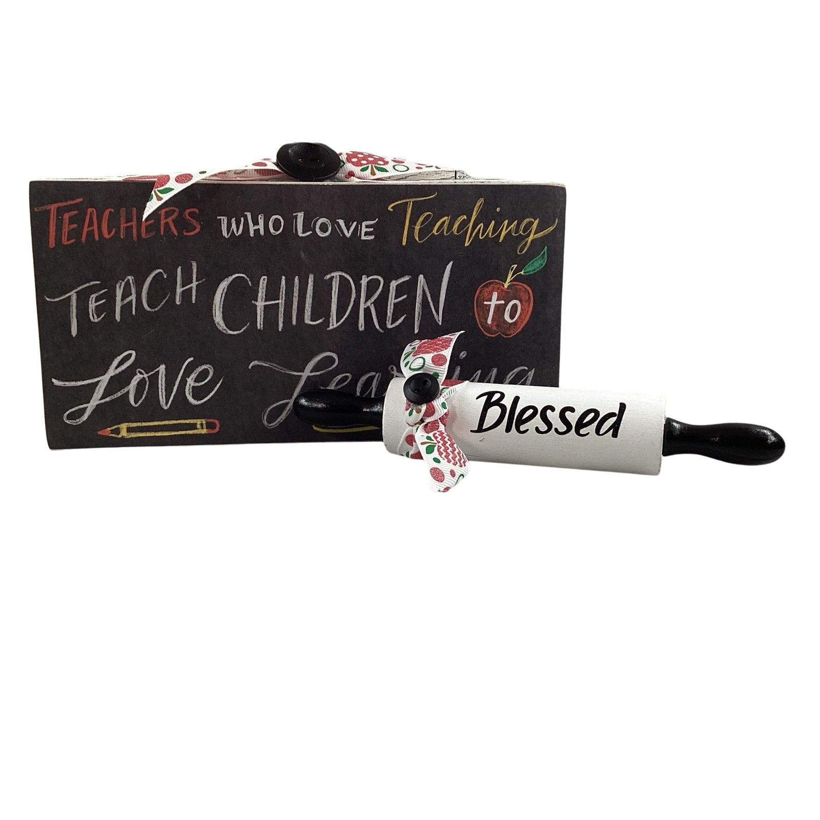 AGD Teacher Gift - School Love to Learn Blessed Rolling Pin and Box Sign 2pc