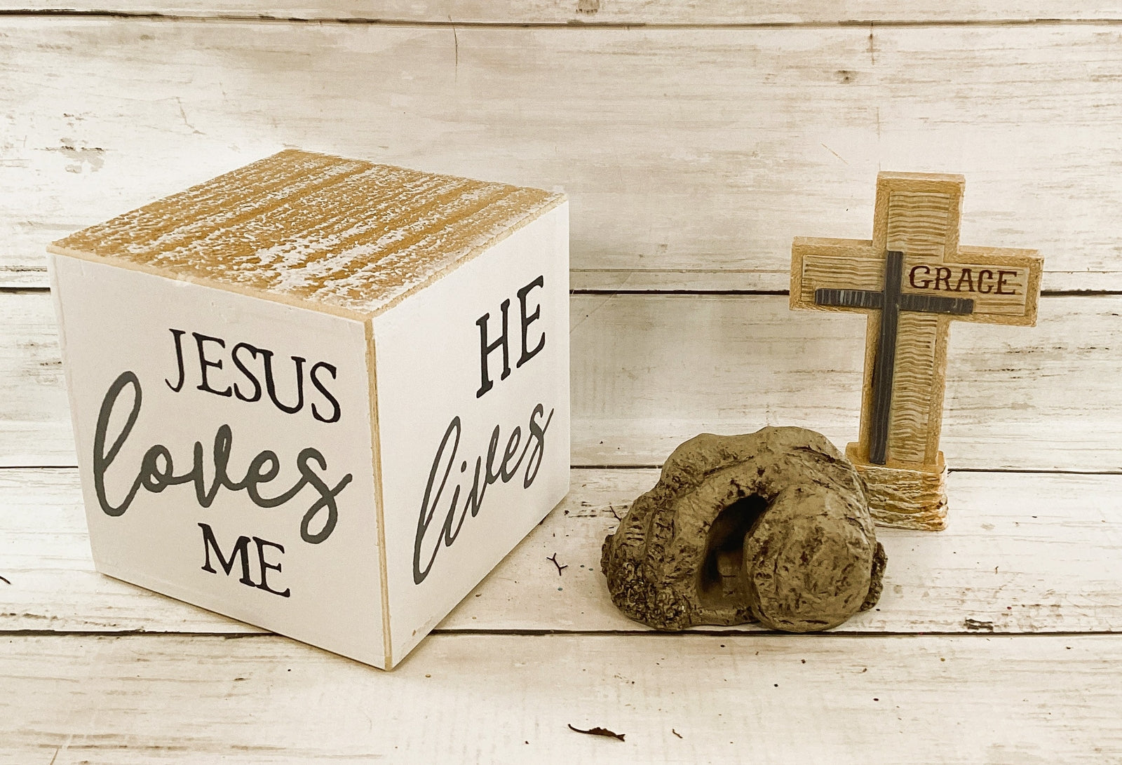 Easter Decor - Resurrection He Lives Risen Cross Grace Tomb 3pc Set