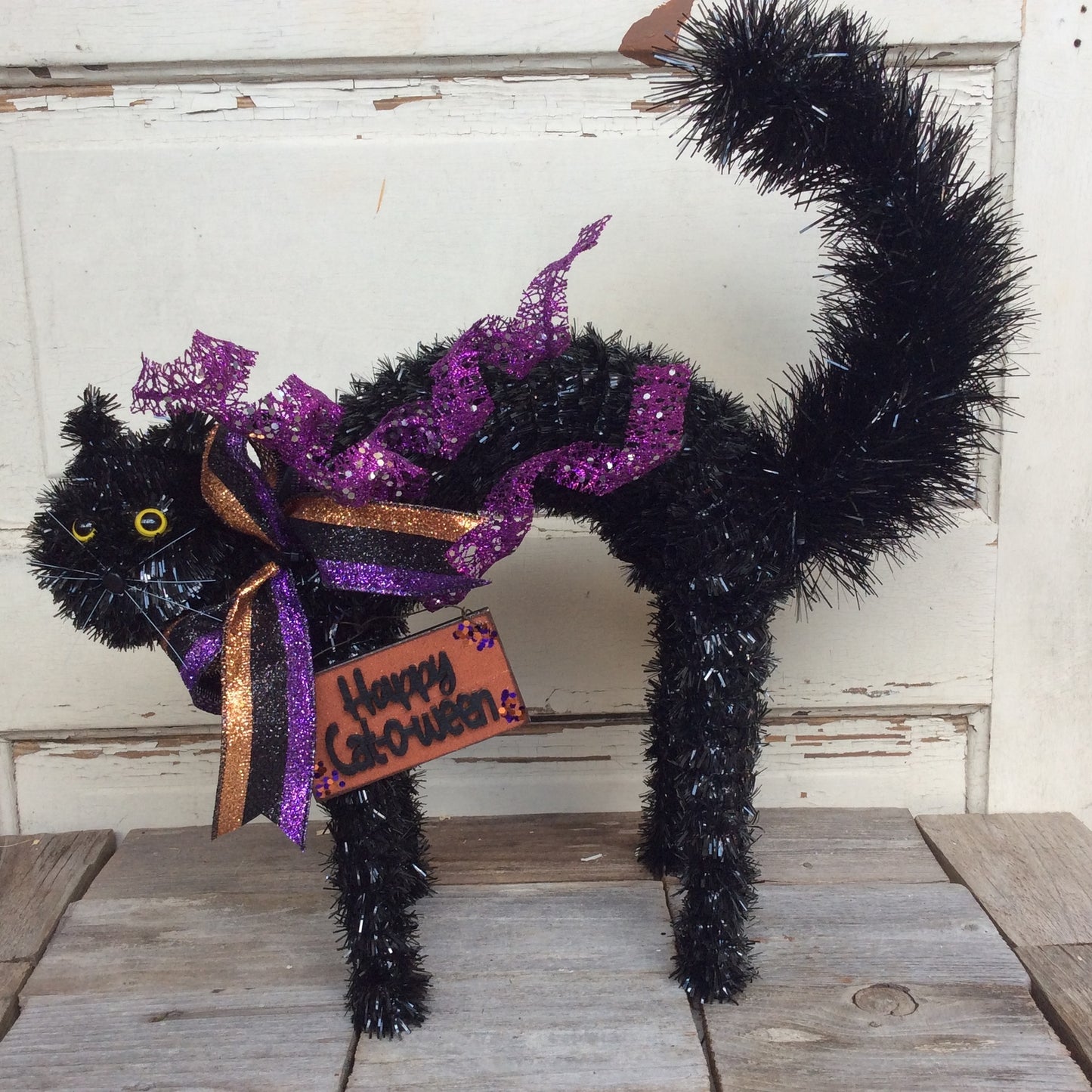 AGD Halloween Decor - HAPPY CAT-O-WEEN Tabletop BlackTinsel Cat