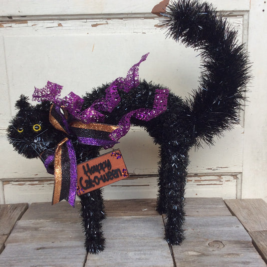AGD Halloween Decor - HAPPY CAT-O-WEEN Tabletop BlackTinsel Cat